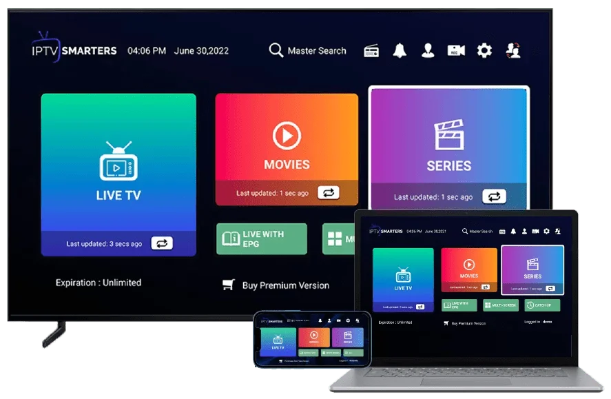 IPTV Meezzy App Interface on TV, Laptop, and Smartphone showing Live TV, Movies, and Series categories